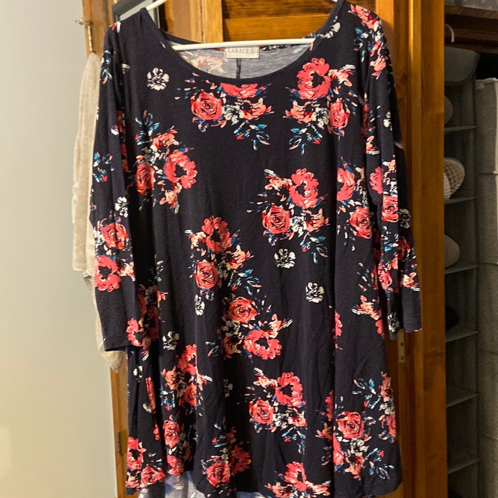 Navy long sleeve top with pink flowers.